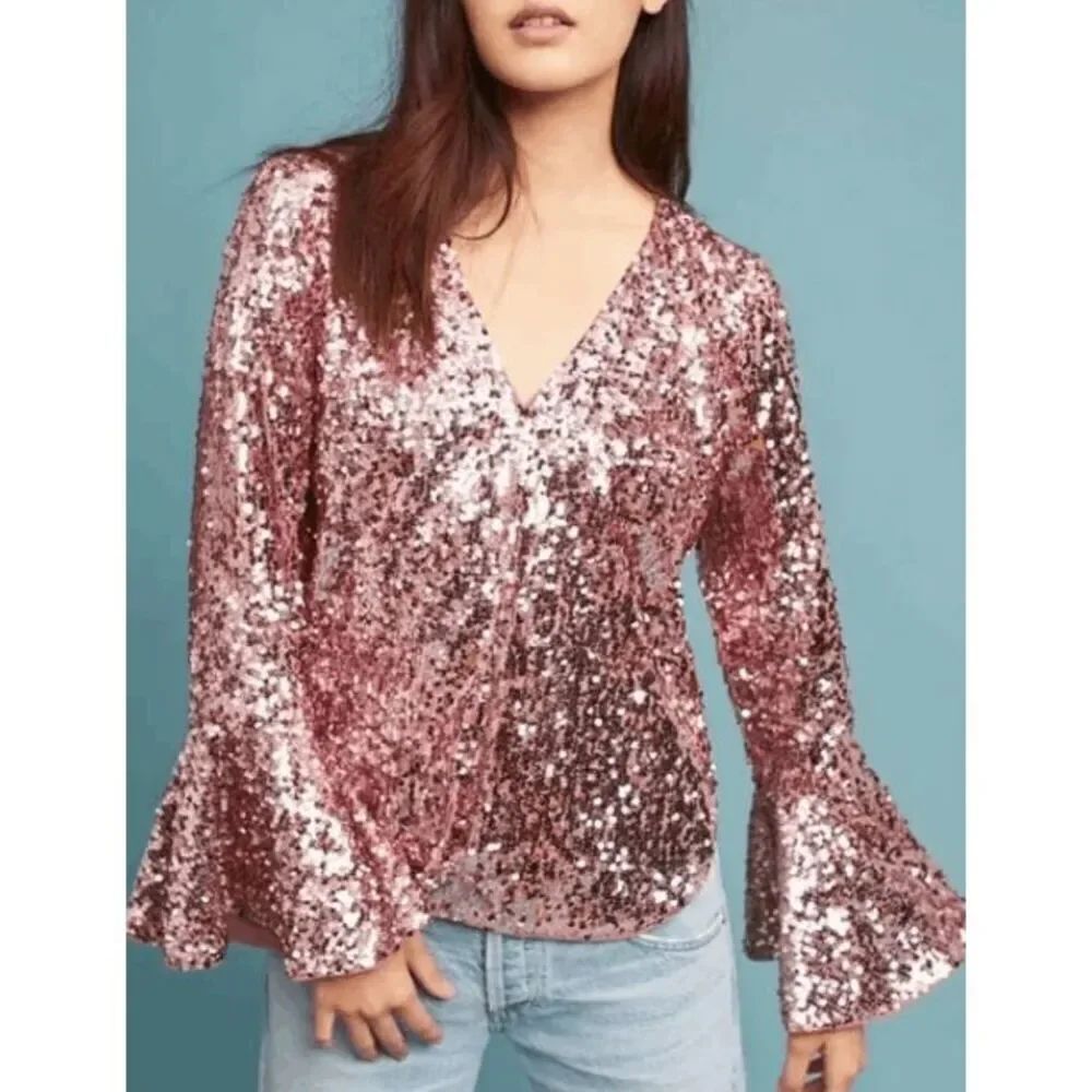 Anthropologie Moulinette Soeurs size 6 pink sequined long sleeve top